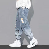 SHOPMOCHO Korean Clothing  Men Letter Printed Jeans High Waisted Baggy Jeans Cartoon Graffiti Hip-Hop Pants Blue Jeans