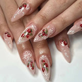 Shopmocho 24pcs Vintage Cute Strawberry Fake Nail Girls Weable Romantic White Lace Decor False Nail Patch Detachable Almond Press on Nails