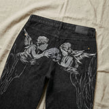 SHOPMOCHO Black Winged Angel Skull Embroidered Baggy Denim Jeans Men Y2K Streetwear Vintage Oversized Cotton Casual Hip Hop Fashion Pants