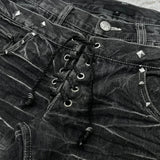 SHOPMOCHO Fashionable High Street Double Waisted Lace Up Micro Flared Women Jeans Y2K Retro Harajuku Washed Design for Men and Women Jeans