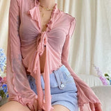 SHOPMOCHO Long Flare Sleeve Sexy Sweet Hot Girls Korean Blouses for Women Lace-up Mesh Fashion Style All-match Solid Design Elegant Casual