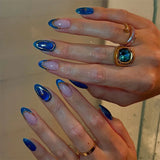SHOPMOCHO 24Pcs 3D Blue Cat Eye Press on Nails Short Almond False Nails Irregular Gold Lines Fake Nails Sweet Cool French Metal Nail Art