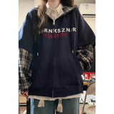 Shopmocho Two-Piece Illusion Plaid Hooded Sweatshirt Women's Spring Autumn Thin Style Design Sensibility Niche Loose Fit Idle Style Couple