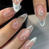 Shopmocho 24Pcs Almond Pure Handmade Press On Nails Full Cover Butterfly French Pearl Diamond False Nails Wearable Manicure Nail Tips Art