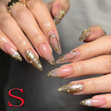 SHOPMOCHO 10PCS Diamond French Pointed Nail Short Square Nail Nude Fake Nail With Gold Glitter Diamond Nail Leopard Print Fake Nail