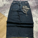 SHOPMOCHO American New Skull Embroidery Casual Baggy Jeans Women Y2K Street Harajuku Vintage Gothic High Waist Joker Wide Leg Pant Trouser