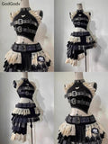 Shopmocho Summer Vintage Elegant Y2K Woman 2 Piece Sets Punk Gothic Strapless Crop Tops +High Waist Ruffle Skirt Female Party Outfits 2025