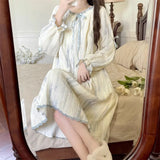 SHOPMOCHO Women Pajamas Dress Princess Style Sweet Long Sleeve Nightdress Round Neck Wide Striped Bow Cute Girly Midi Dress Night Wear