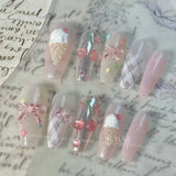 SHOPMOCHO 10Pcs Fashion Gentle Handwork Press On Nails French Style Flowers Butterfly Rhinestone Pearl Design Detachable False Nails Gift