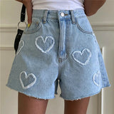 Shopmocho Korean Summer Y2K High Waist Jorts LOVE Heart Shaped Pattern Women's Denim Shorts Casual Jeans Chic Straight Washed Hot Pants