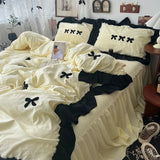 SHOPMOCHO Korean Princess Style Kawaii Girl Black Bow Bedding Set Skin-friendly Soft Duvet Cover Set Bed Sheet Or Bed Skirt Pillowcases