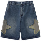 Shopmocho Fashion Star Patch Denim Shorts BF Style Loose Versatile Wide Leg Half Pants Women's Summer High Waisted Straight Leg Pants