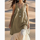 Shopmocho V-Neck Sleeveless Cotton Linen Beach Dress Women's Loose Waist Midi Dress Comfortable Breathable Summer Fashion Dress