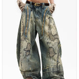 SHOPMOCHO American New Fashion Men's Blue Casual Trendy Daily Loose Wide Leg Hole Patched Embroideried Denim Trousers Male Jeans Pants