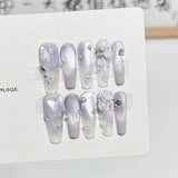 SHOPMOCHO 10pcs Aurora Cat Eye Handmade Press on Nails Pink Cherry Blossom False Nails Crystal Flower Pearl Fake Nails French Coffin Nail
