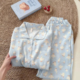 SHOPMOCHO Sweet Cute Goose Print Korean Fashion Women's Pajamas Nightwear Kawaii Casual Lapel Neck Y2K Pajamas Set Autumn New Loungewear