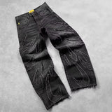 SHOPMOCHO Street Gothic Retro High Waisted Wide Leg Trousers 2025 Y2k Hip Hop Baggy Jeans Men's Street Fashion Raw Edge Embroidered Jeans