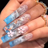Shopmocho 24Pcs Brown Long Coffin False Nails Glitter Ballet Wearable with French Design Fake nails Full Press on Nail Ins Nail Tips Art