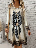 Shopmocho Women’s Long - Sleeve Bohemian Dress, Wolf Print Round neck Dress,Casual Festival & Daily Wear