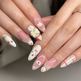 Shopmocho 24PCS Wine Red Almond Press on Nails Cartoon Rabbit Bowknot with Plaid Pearl Designs French Fake Nails for Girls Detachable Nail