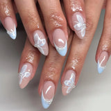 SHOPMOCHO 24pcs French Almond Press on Nails Blue False Nails Star Pattern Wearable Stick-on Nails Fake Nail Uñas Накладные Ногти 네일팁