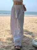 Shopmocho American Retro Butterfly Knot Full Print Paratrooper Pants Women Spring Summer Wide Leg Drawstring Casual Long Trousers