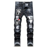 SHOPMOCHO Men y2k Stretchy Denim jeans Ripped Skinny Letter Print elastic waist Casual pants for men Hole Slim Fit Denim Hip Hop Trousers