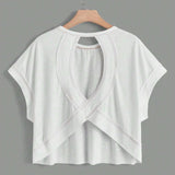 Shopmocho 2025 Summer Gothic Slim Retro Back Hollow Casual Short-sleeved T-shirt Y2k Style Harajuku Cut Top Casual Street White Crop Top