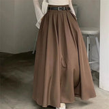 SHOPMOCHO Women High Waist Jupe Korean Pleating Swing Skirt Vintage Fashion 2025 Spring Office Falda Holiday Loose Solid Long Skirt