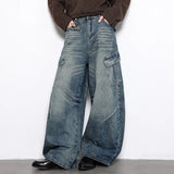SHOPMOCHO Autumn Men's Hip Hop Fashion Pockets Baggy Jeans High Street Vintage Straight-Leg Denim Pantalones Harajuku Y2K Blue Cargo Jean
