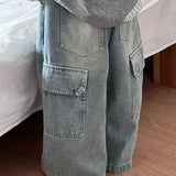 SHOPMOCHO Korean Children's Jeans Loose Straight Pants Wide Leg Cargo Pants for Boys Girls New Spring Autumn Kid's Denim Pocket Trousers