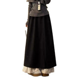 Shopmocho Casual Lace Trim Wide Leg Pants Fake Two-Piece Design Elastic Waist Patchwork Trendy High Waist Nine-Piece Length Polyester F...