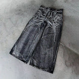 SHOPMOCHO Gothic Retro Baggy Unisex Mopping Pants Y2K Phantom Jeans High Street Spider Embroidered Patch Hip Hop Streetwear Straight Jeans