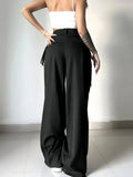 SHOPMOCHO Women's Black High Waist Wide Leg Suit Pants Pleated Front Side Tie Detail Loose Fit Casual Streetwear Spring Summer Trousers
