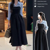 Shopmocho New Arrival Women's Fashion Two-piece Illusionshirt Black Long Sleeve Dress High-end Feel Matching Set