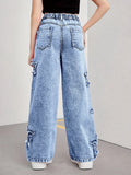 SHOPMOCHO Girl's Denim Pants, Y2K Five-Star Patch Embroidery Pattern Straight-Leg Denim Pants, Holiday-Style Pants