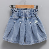 SHOPMOCHO Summer Girls Denim Shorts Korean Fashion New Children's Pleated Jeans 4-12Years Teens Girls Short Jeans Pearl Decoration