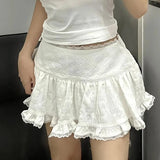 Shopmocho Balletcore Ruffled Mini Skirt with Lace Trim Low Rise Tiered White Skirt Summer Women TeenGirl Y2K Goth Outfit
