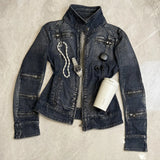 SHOPMOCHO High Collar Zipper Detail Denim Jacket Women Blue Washed Multiple Sleeve Chest Pockets Fitted Cropped Moto Biker Distressed Coat