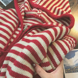 Shopmocho Oversized Knitted Striped Hooded Cardigan Women Autumn Winter Loose Casual Zipper Sweaters Versatile Knitting Outerwear