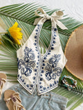 SHOPMOCHO Women Floral Embroidered Halter Top Boho Sleeveless Backless Tie Neck Crop Tank Summer Beach Vacation Camisole