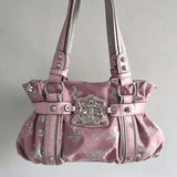 SHOPMOCHO Y2k Retro Pleated Printed Metal Badge Shoulder Bag Pink Large Capacity Open Tote Bag Fashionable Simple Commuting Crossbody Bag