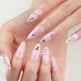 Shopmocho 24pcs Sweet Letter Press On Nails Cute Cherry Bowknots Ladybug Strawberry Decor False Nails Blush Pink Almond Fake Nail For Girl