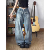 SHOPMOCHO Ladies Loose Fit Straight Leg Jeans Blue Washed Floral Letter Embroidery Unique Street Style American Casual Trousers