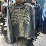 SHOPMOCHO 24FW High Quality Vintage Blue Denim Jacket Men Women Streetwear Skeleton Bone Embroidery KAPITAL Zipper Coats