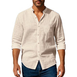 Shopmocho Chemise en coton et lin pour hommes, col Henley, couleur unie, légère, respirante, coupe cintrée, simple boutonnage, manches longues, boutonnée