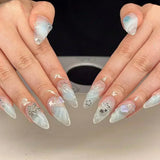 SHOPMOCHO 24Pcs Pink Almond False Nails Butterfly Ballet with French Design Wearable Fake Nails Simple Artificial Press on Nails Tips Art