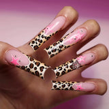 Shopmocho 24Pcs Long Coffin Leopard Print False Nails with Glue Sweet Cool Diamond Fake Nail Set Floral French Press on Wearable Nail Tips