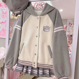 Shopmocho Japan Subculture Hooded Sweatshirt Women Single Breasted Long Sleeve Patchwork Coat Preppy Style Sweet Fall Casual Outwear