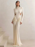 Shopmocho Weird Puss Backless Maxi Dress Women Shoulder Pads Long Sleeve Waistless Peach Buttocks Ruched Elegant Banquet Skinny Vestidos